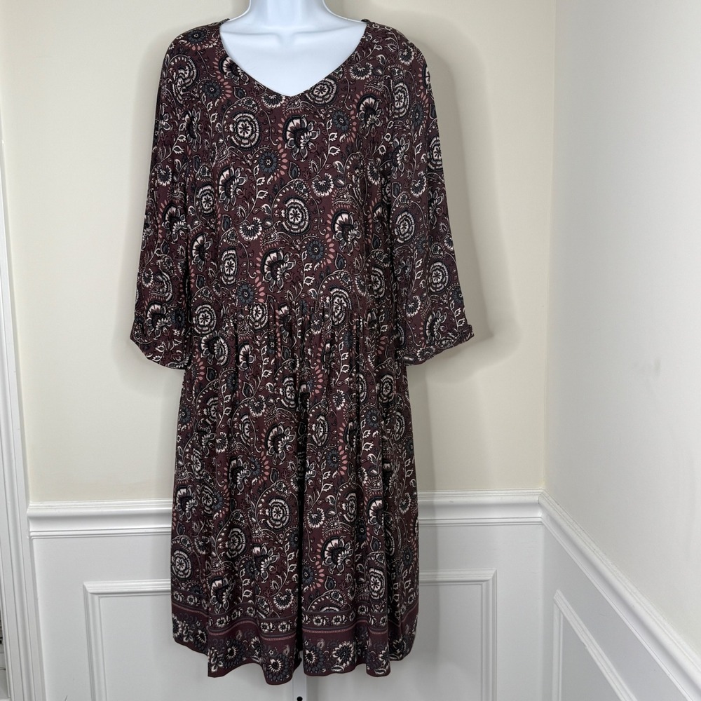 Garnet Hill Dress‎ Sz 10 Floral Pleated Fit Flare w/Pockets Long Sleeve Boho - Picture 2 of 11